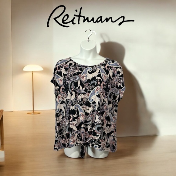 NWOT, Reitmans, Plus Size Paisley Tie-Front Top, 3X, Black, Pink, White - Picture 1 of 9
